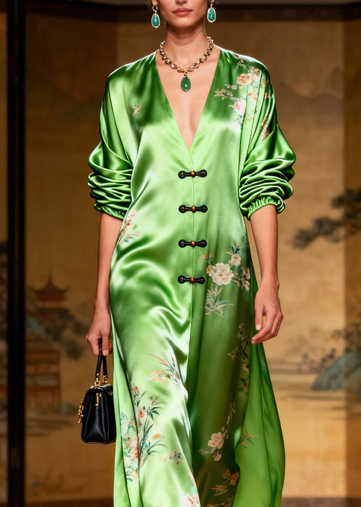 Satin Floral Deep V-Neck Frog Button Bishop Sleeve Maxi Gown
