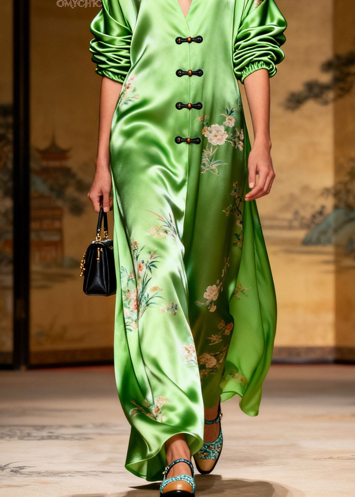 Satin Floral Deep V-Neck Frog Button Bishop Sleeve Maxi Gown