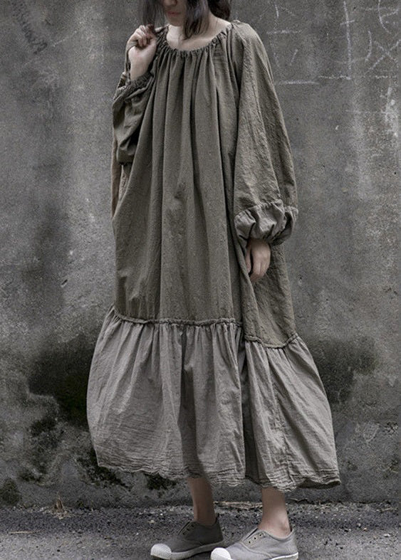 Woven Gathered Neck Drawstring Back Lantern Sleeve Tiered Ruffle Smock Maxi Dress