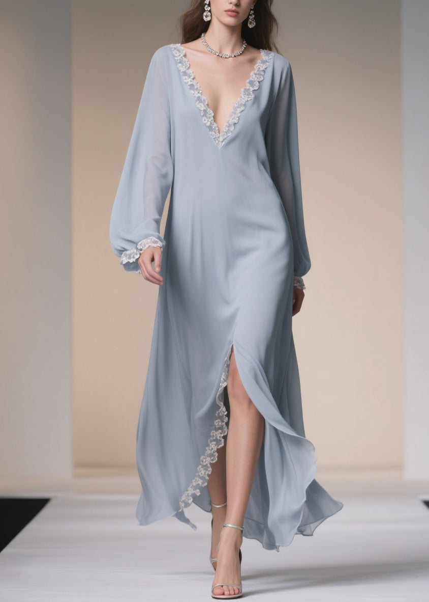 Chiffon Deep V-Neck Lantern Sleeve Lace Trim High Split Maxi Gown