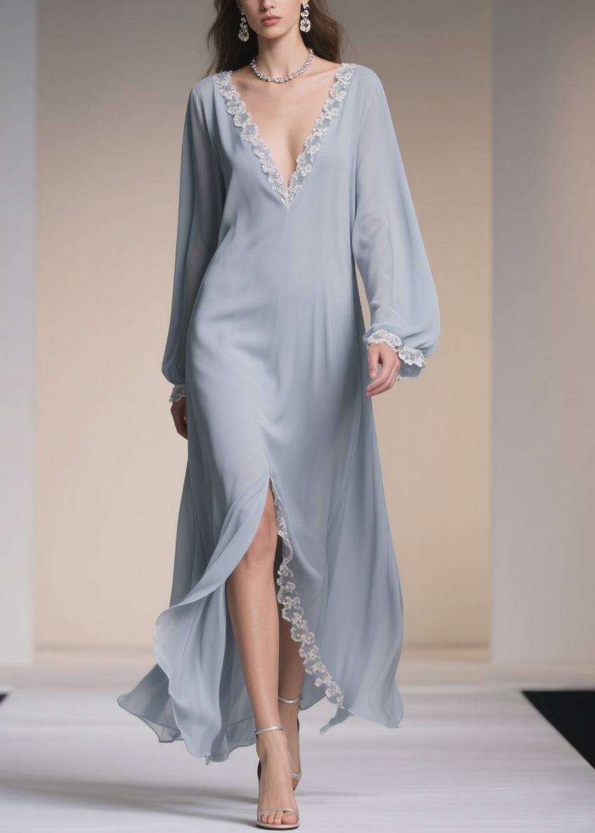 Chiffon Deep V-Neck Lantern Sleeve Lace Trim High Split Maxi Gown