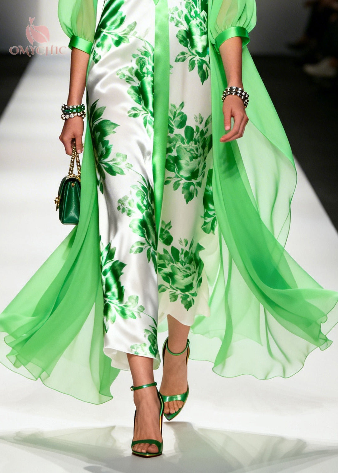 Floral Print Satin Deep V-Neck Sheer Cape Bishop Sleeve Overlay Maxi Gown
