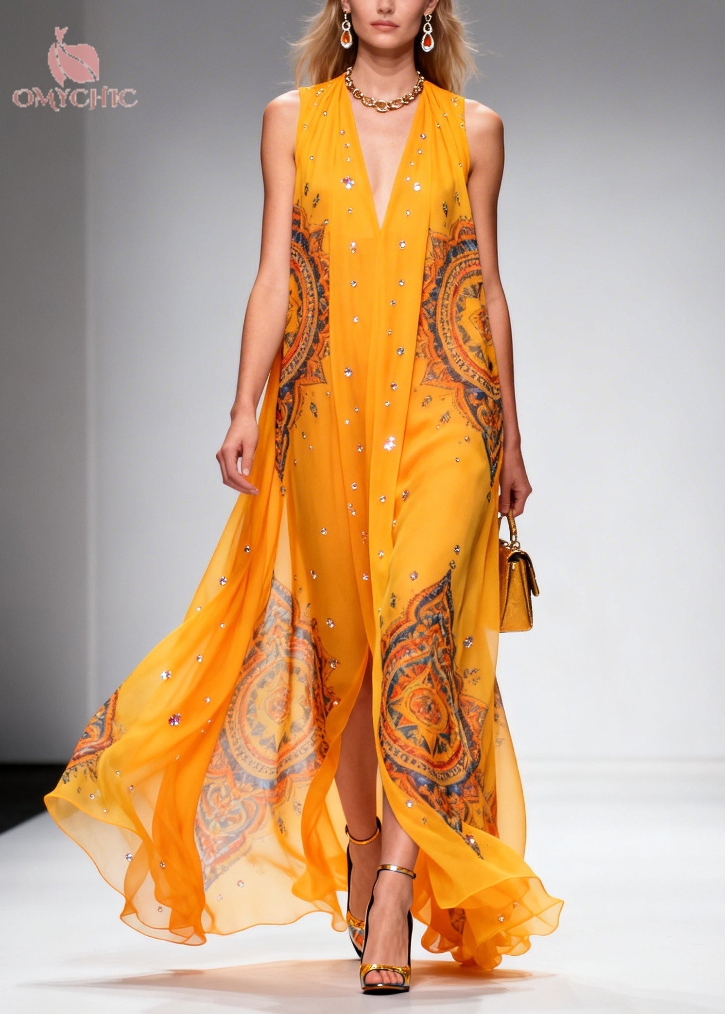 Deep V-Neck Sleeveless Rhinestone Chiffon Flowy Maxi Dress