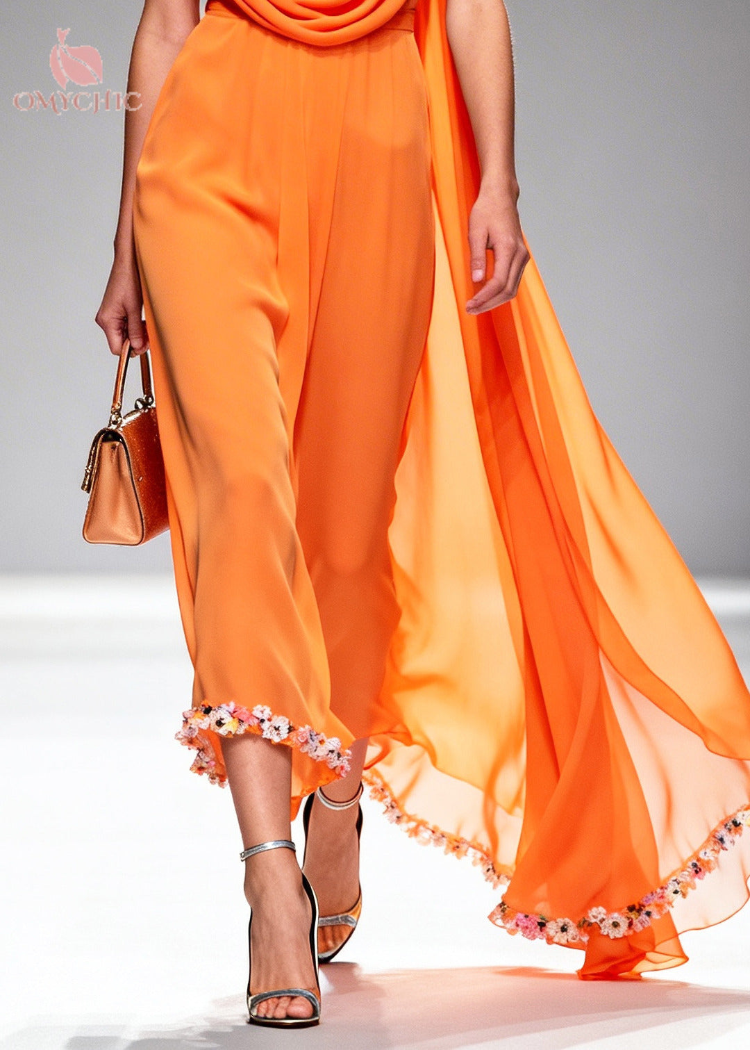 Cowl Neck Cape Back Floral Trim Wide Leg Jumpsuit
