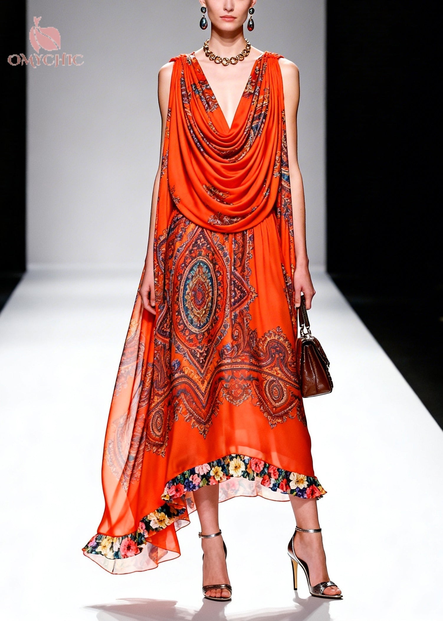 Paisley Print Cowl Neck Sleeveless Floral Ruffle Trim Chiffon Midi Dress