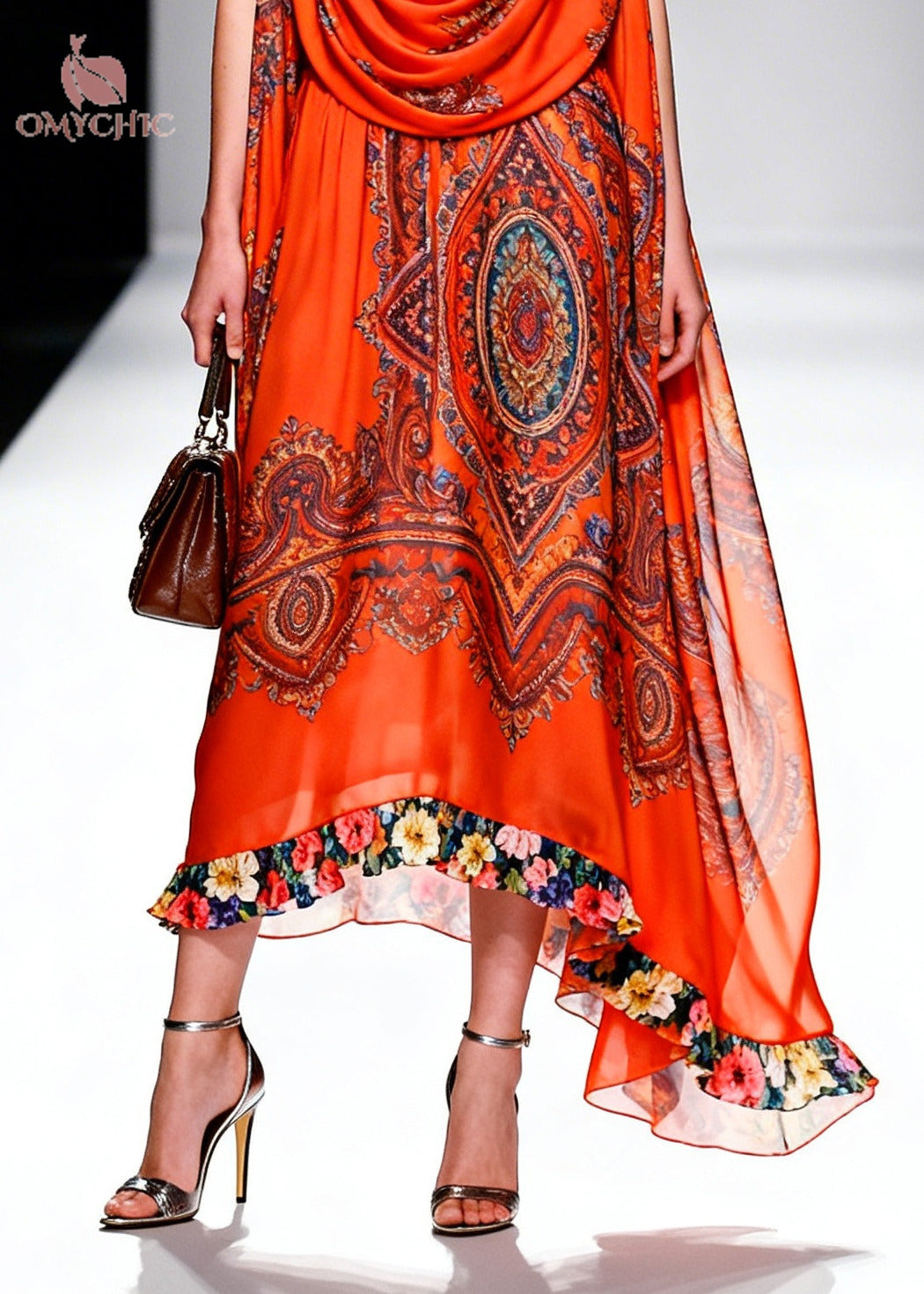 Paisley Print Cowl Neck Sleeveless Floral Ruffle Trim Chiffon Midi Dress