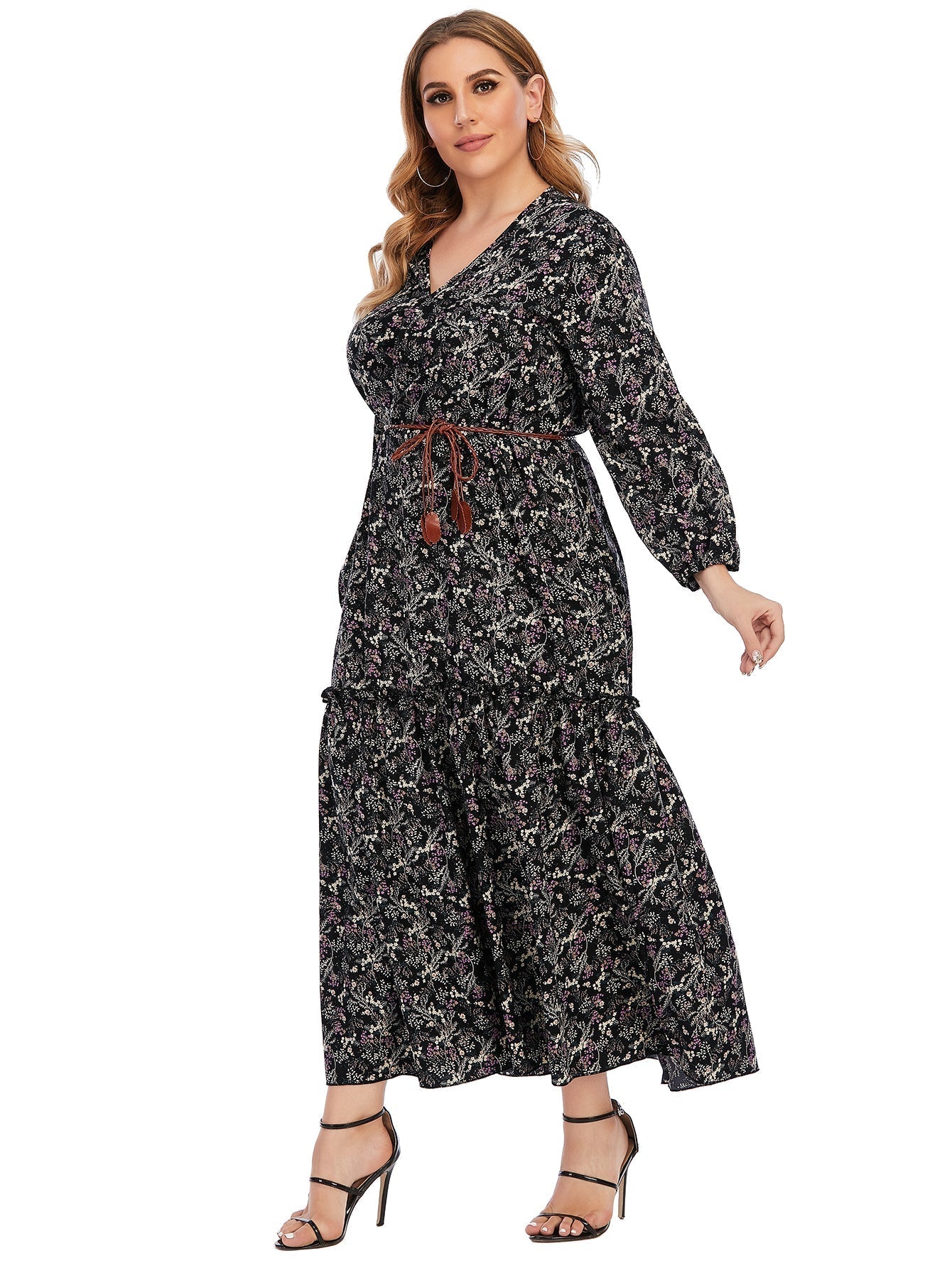 Plus Size Paisley Print Ruffled Hem Maxi Dress with Waist Belt