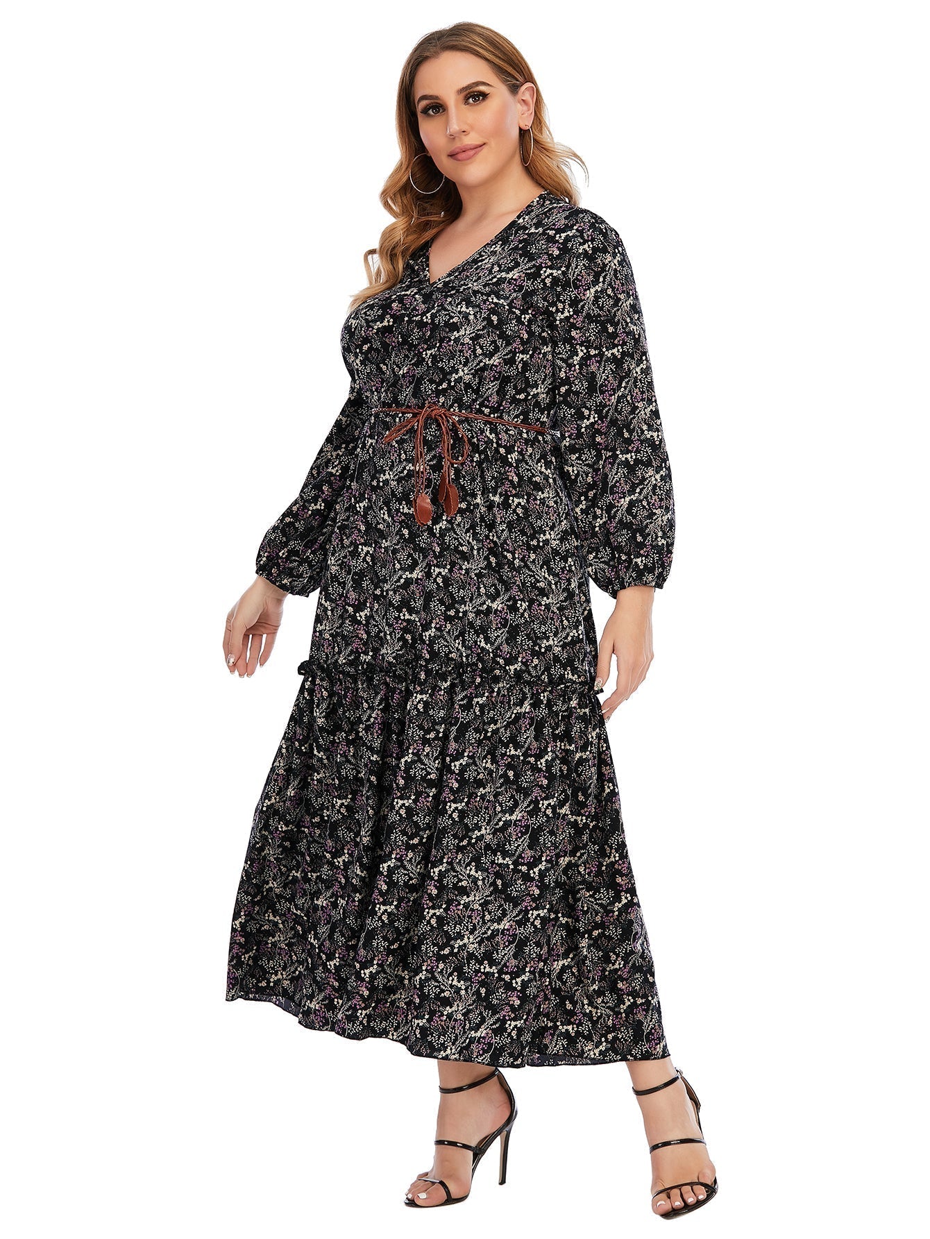 Plus Size Paisley Print Ruffled Hem Maxi Dress with Waist Belt