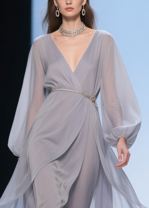 Chiffon Wrap Deep V-Neck Balloon Sleeve Beaded Belt High Low Maxi Gown