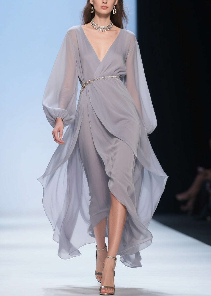 Chiffon Wrap Deep V-Neck Balloon Sleeve Beaded Belt High Low Maxi Gown