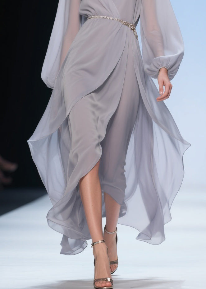 Chiffon Wrap Deep V-Neck Balloon Sleeve Beaded Belt High Low Maxi Gown