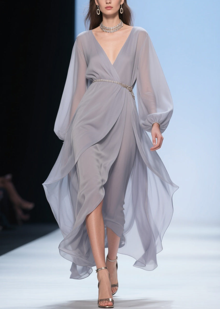 Chiffon Wrap Deep V-Neck Balloon Sleeve Beaded Belt High Low Maxi Gown
