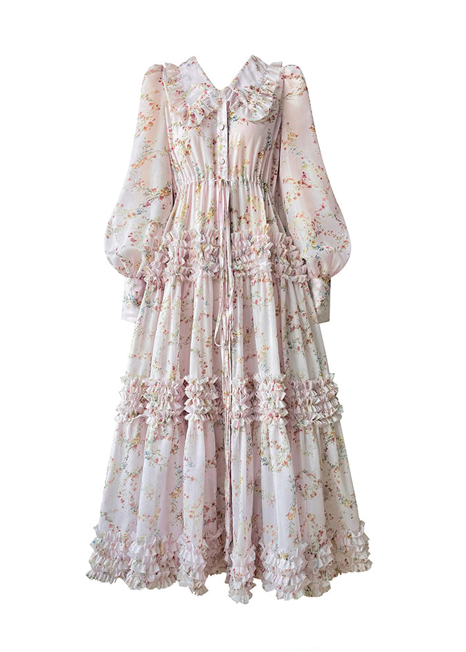 Plus Size Pink Peter Pan Collar Print Chiffon Dresses Long Sleeve - View 5
