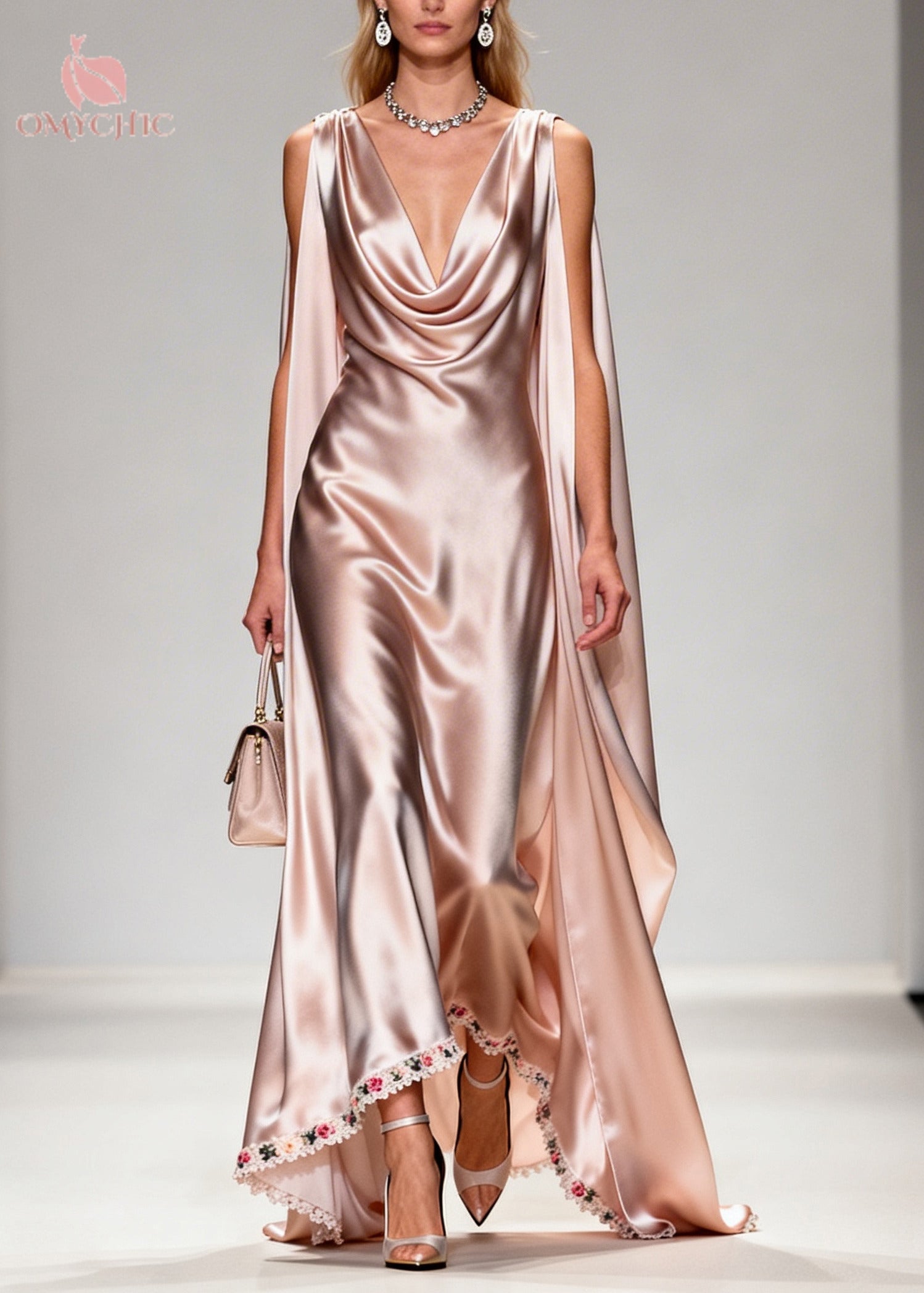 Satin Cowl Neck Shoulder Cape Lace Trim Floral Embroidery Maxi Gown