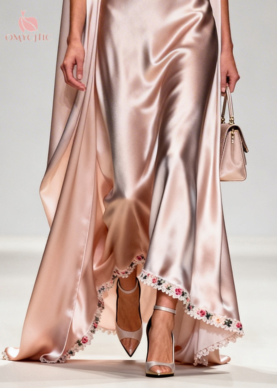 Satin Cowl Neck Shoulder Cape Lace Trim Floral Embroidery Maxi Gown