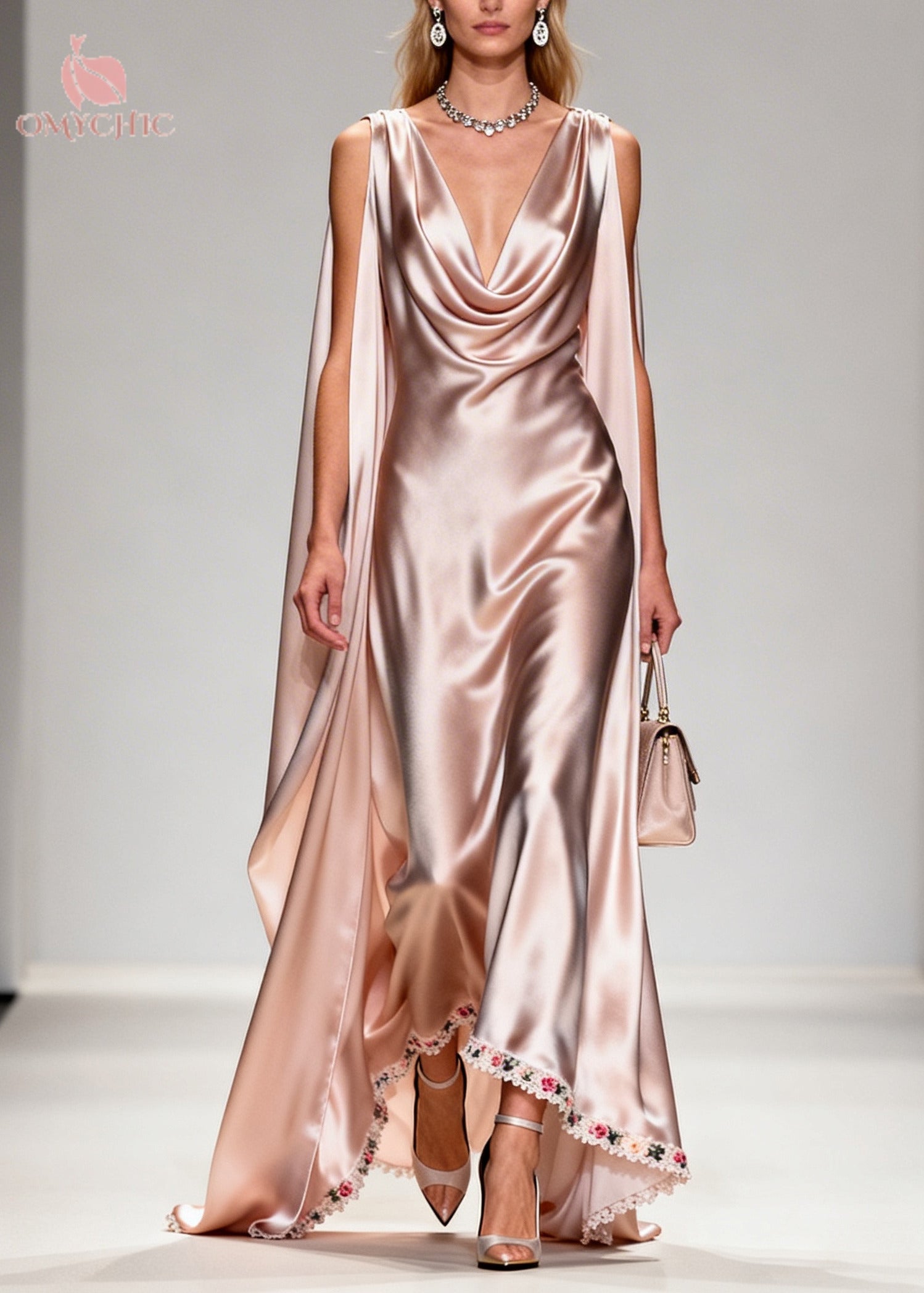 Satin Cowl Neck Shoulder Cape Lace Trim Floral Embroidery Maxi Gown
