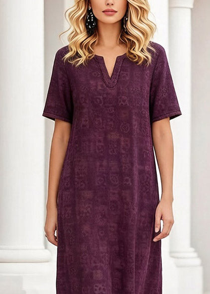 Geometric Print Split Neck Short Sleeve Side Slit Shift Midi Dress