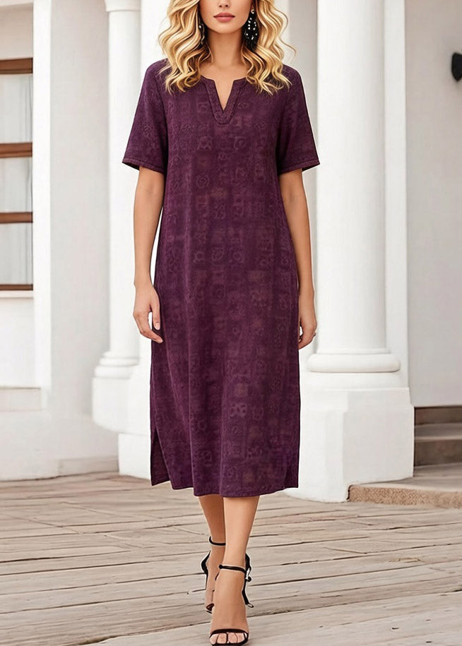 Geometric Print Split Neck Short Sleeve Side Slit Shift Midi Dress