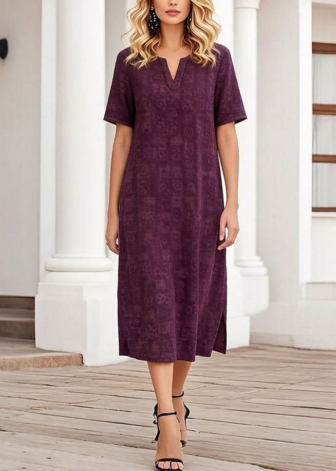 Geometric Print Split Neck Short Sleeve Side Slit Shift Midi Dress