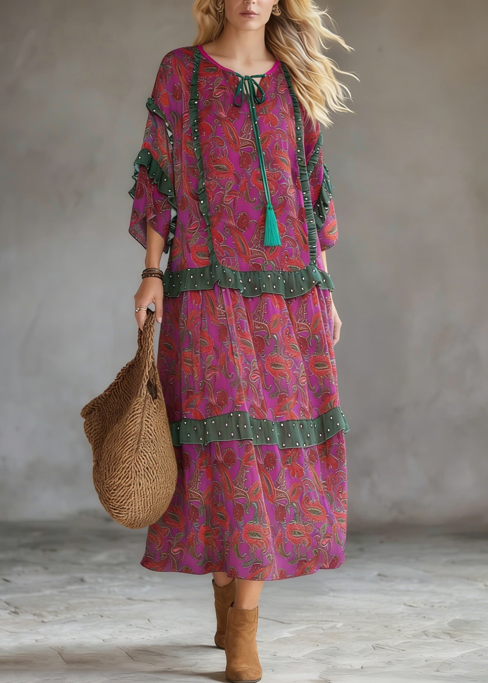 Plus Size Purple Red Print Ruffled Chiffon Party Dress Summer