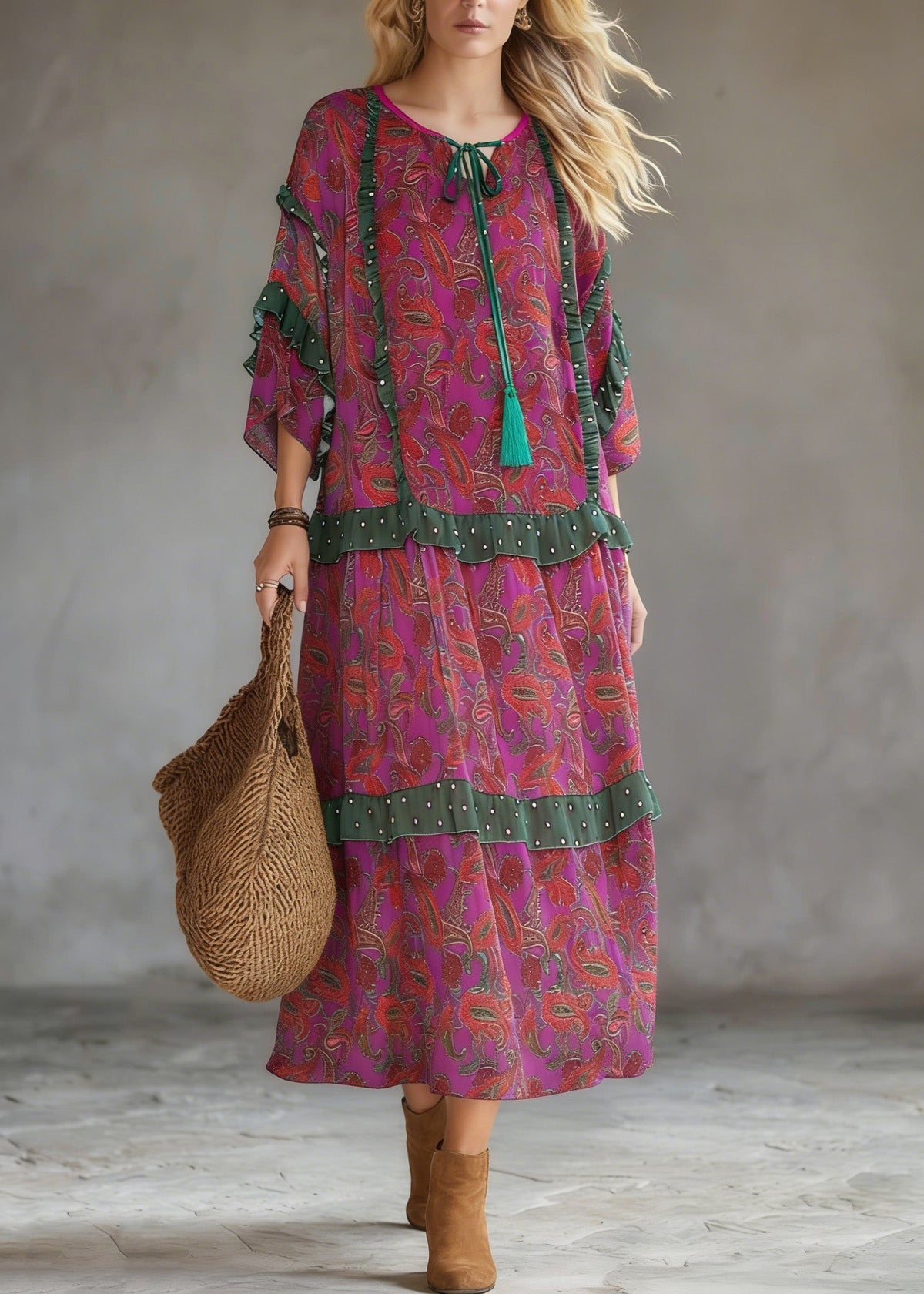 Paisley Print Tie Neck Tassel Ruffle Trim Tiered Loose Midi Dress 3