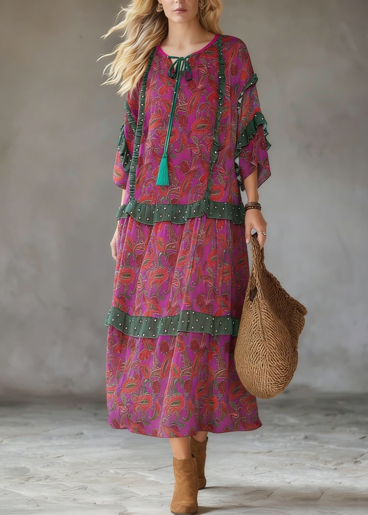 Paisley Print Tie Neck Tassel Ruffle Trim Tiered Loose Midi Dress 5