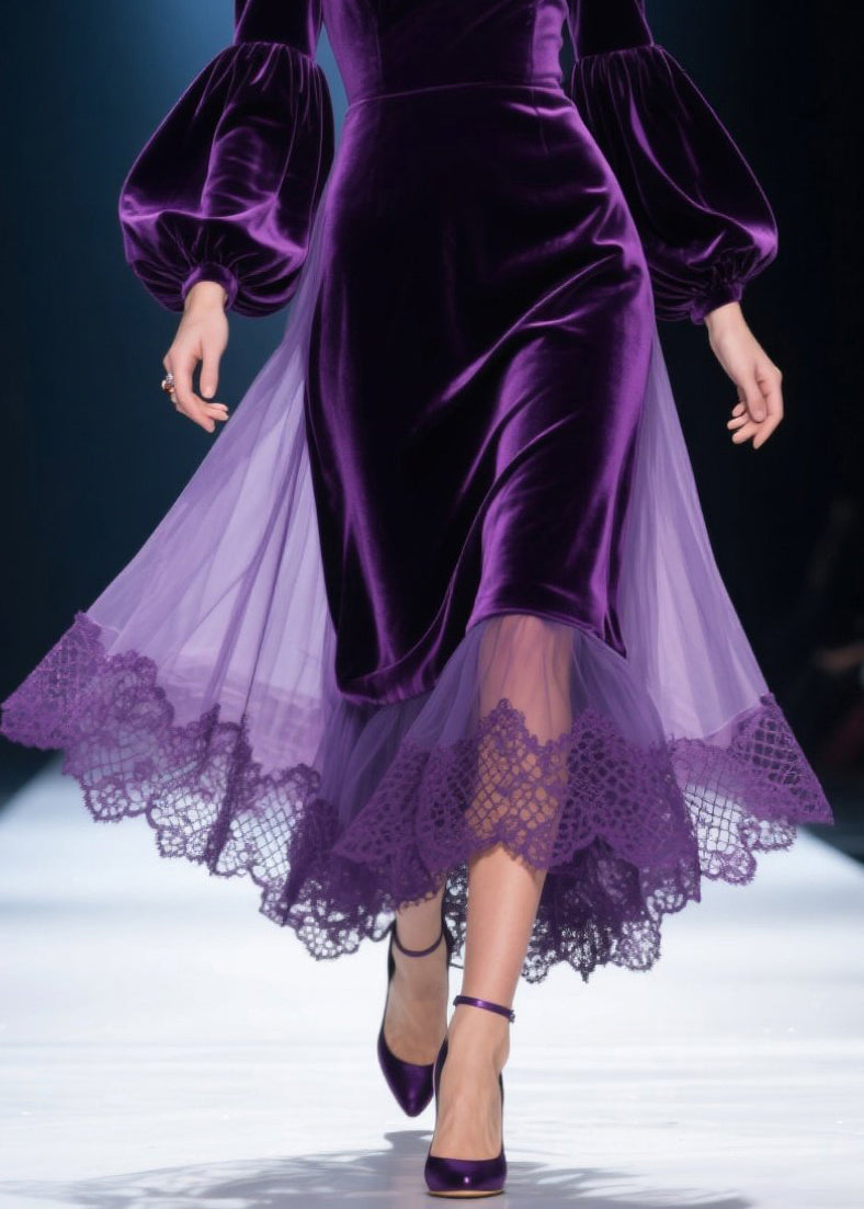 Velvet Tulle Lace Overlay Balloon Sleeve Deep V-Neck Midi Dress