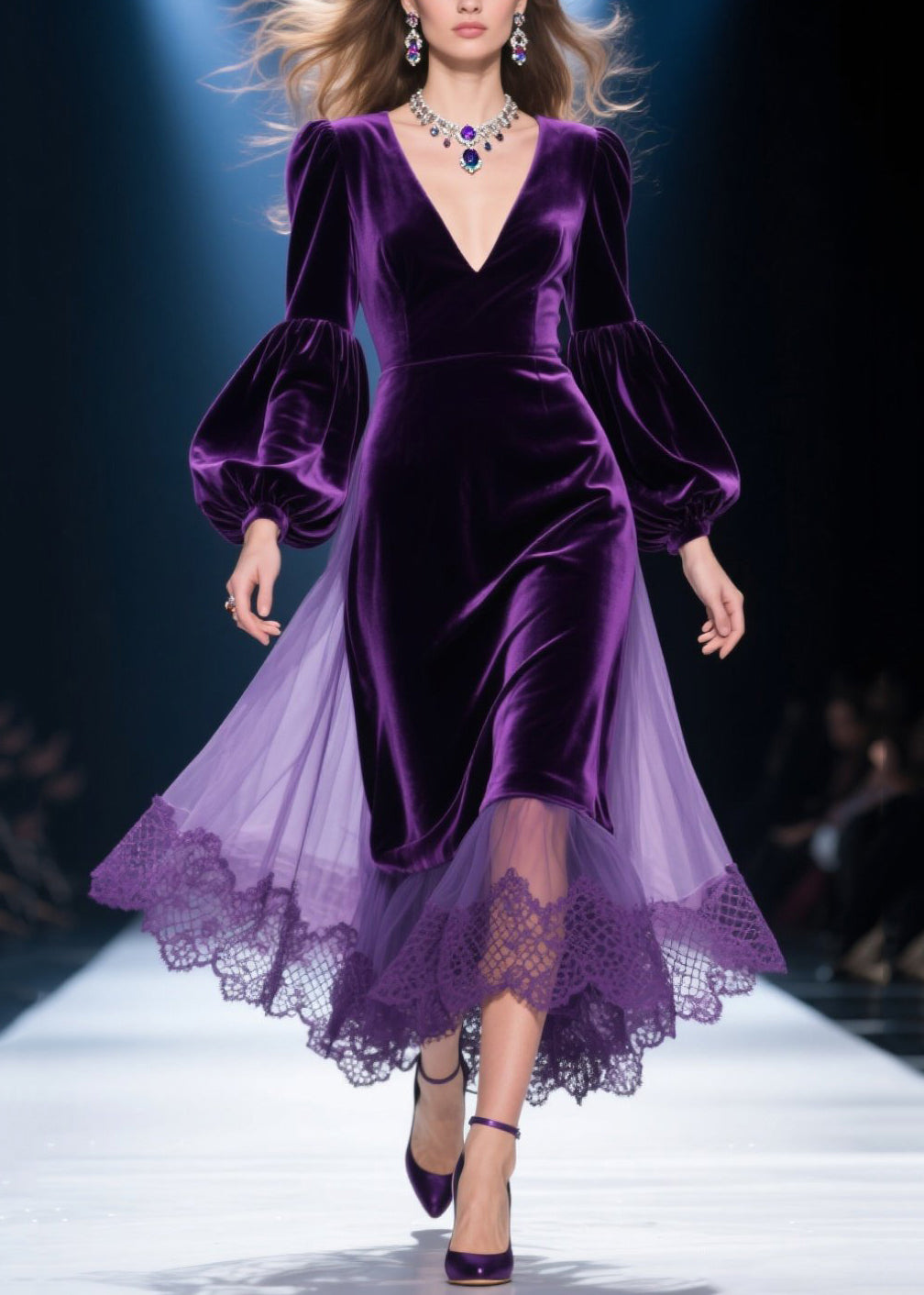 Velvet Tulle Lace Overlay Balloon Sleeve Deep V-Neck Midi Dress