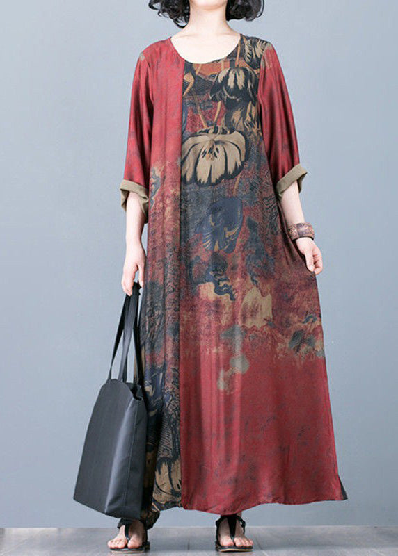 Round Neck Three Quarter Sleeve Abstract Floral Print A-Line Maxi Dress