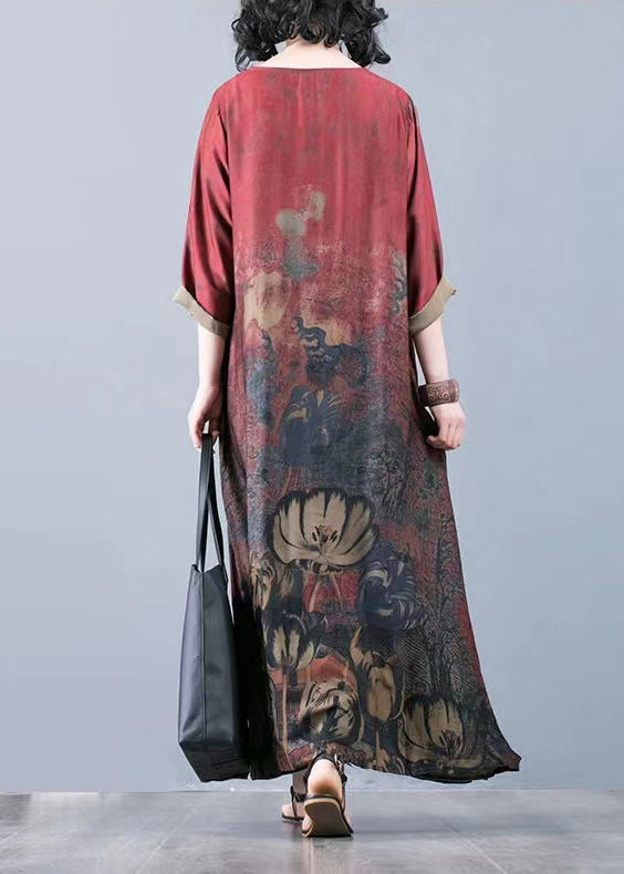Round Neck Three Quarter Sleeve Abstract Floral Print A-Line Maxi Dress