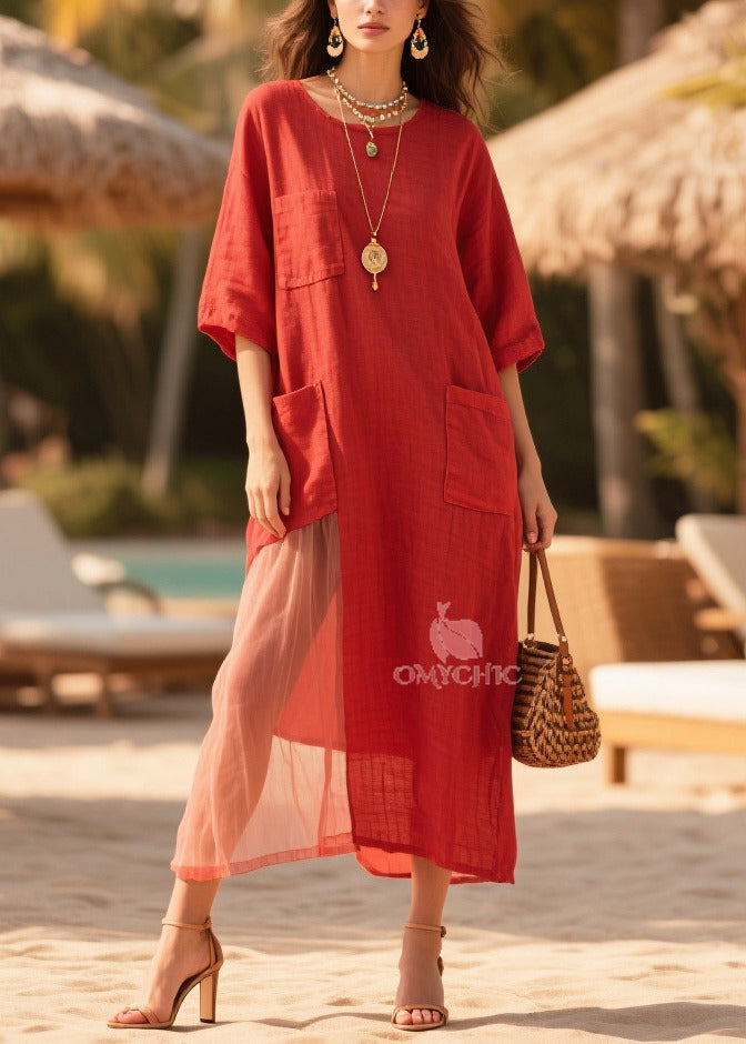 Mesh Panel Crew Neck Half Sleeve Triple Patch Pocket Oversized Maxi Dress