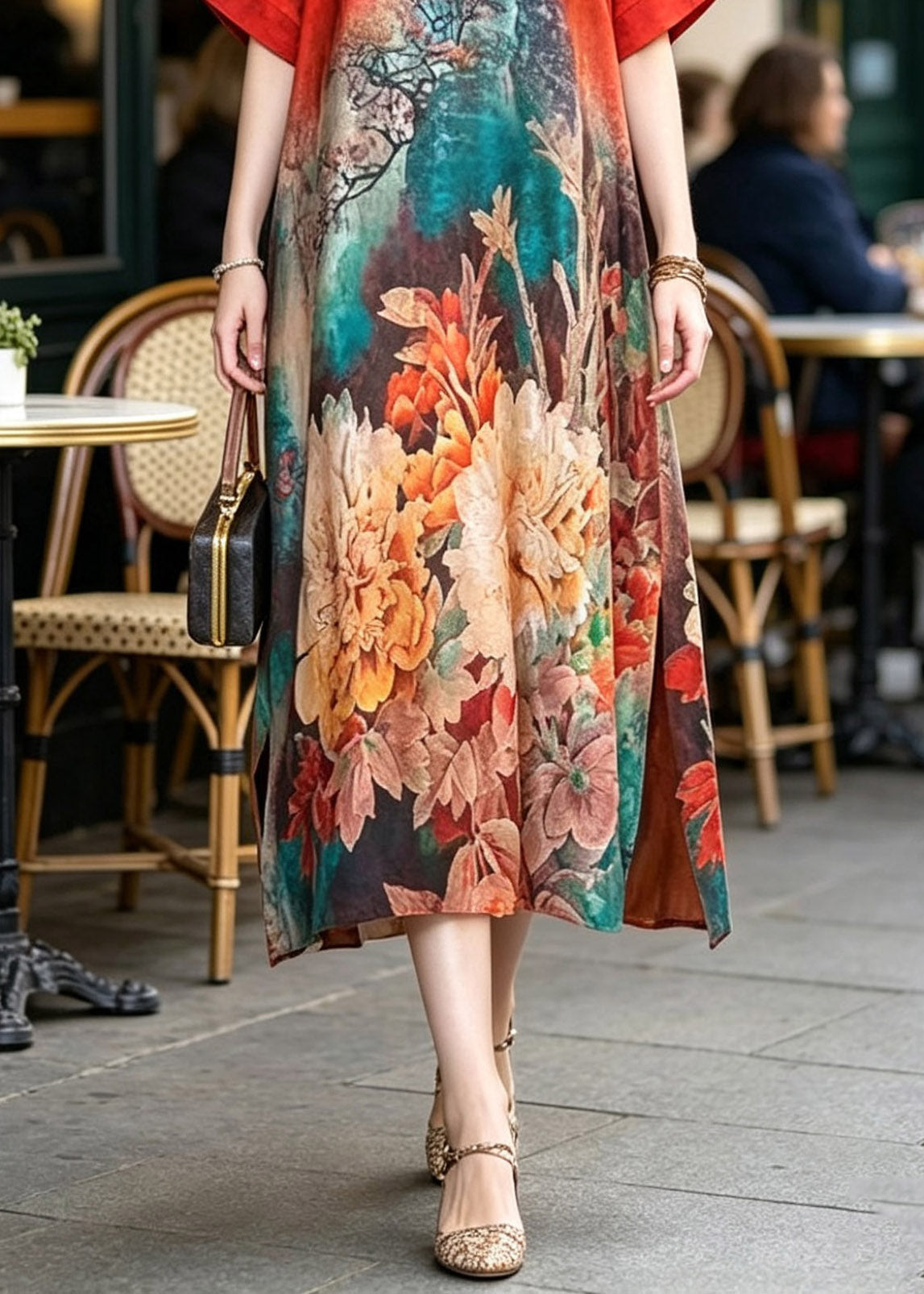 Floral Print V-Neck Short Sleeve Side Slit Relaxed Fit Midi Dress