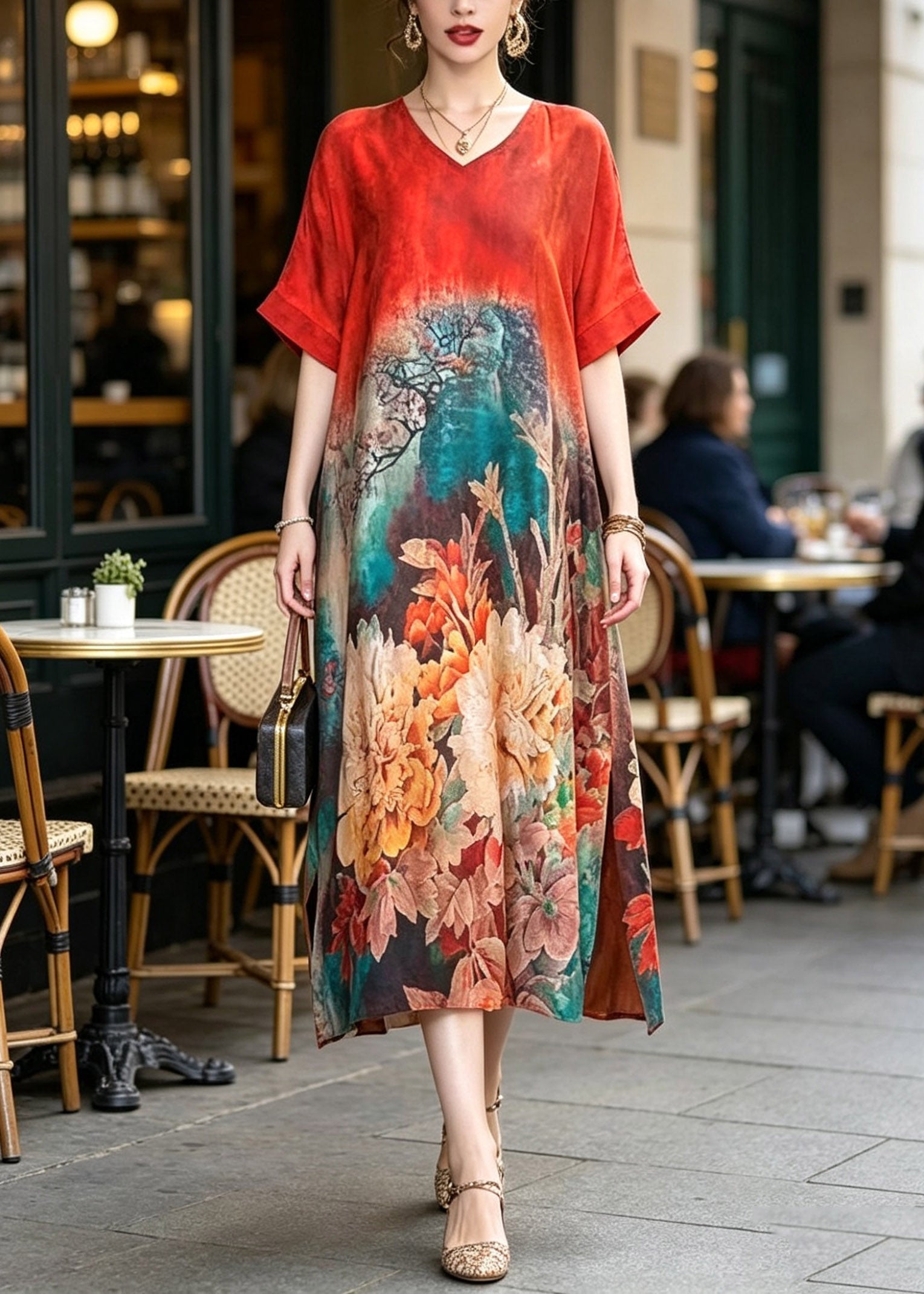Floral Print V-Neck Short Sleeve Side Slit Relaxed Fit Midi Dress