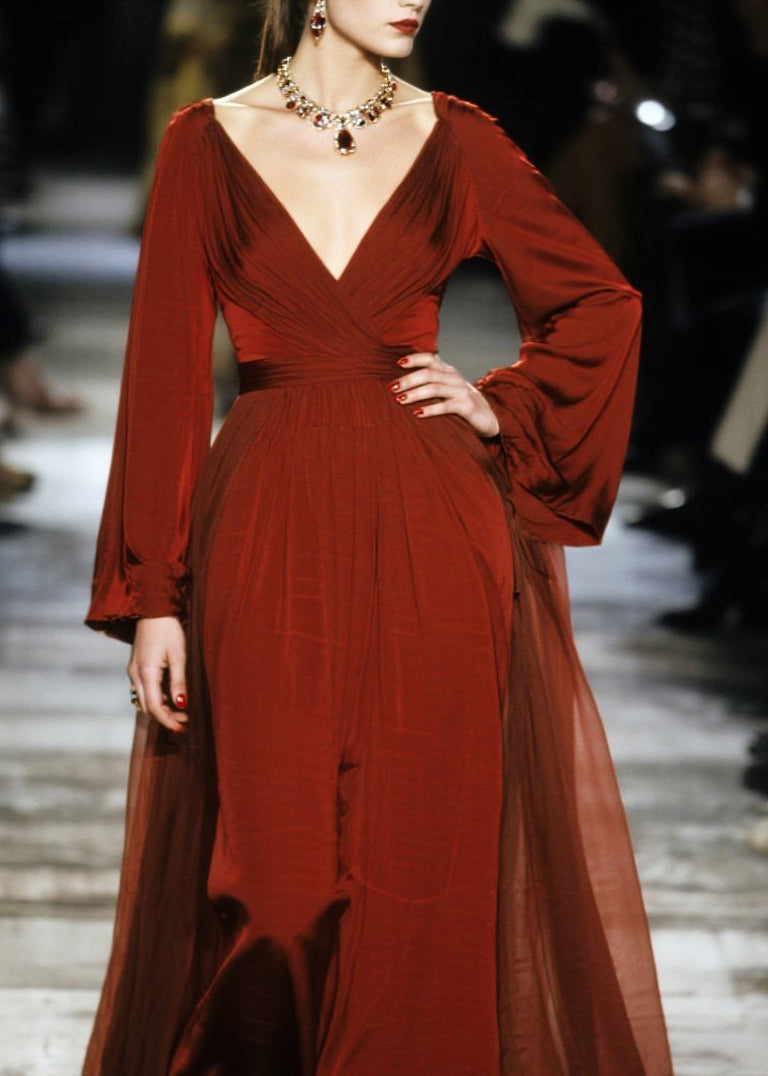 Chiffon Deep V-Neck Ruched Wrap Bishop Sleeve High Split Maxi Gown
