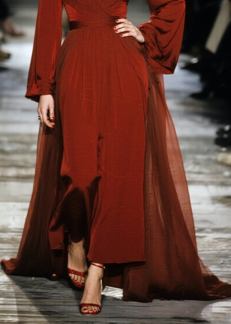 Chiffon Deep V-Neck Ruched Wrap Bishop Sleeve High Split Maxi Gown