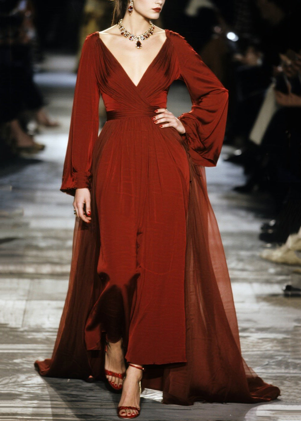 Chiffon Deep V-Neck Ruched Wrap Bishop Sleeve High Split Maxi Gown