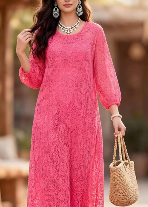 Lace Crew Neck Three Quarter Sleeve Scalloped Hem Maxi Dress