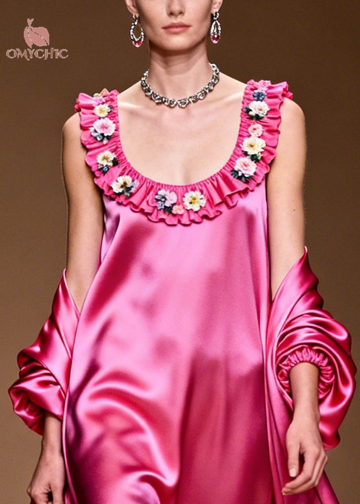 Satin Ruffle Neck Floral Applique Gown and Open Coat Two Piece Set
