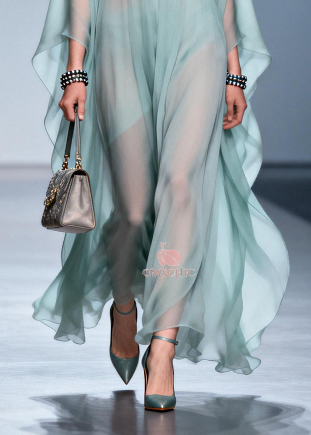 Plus Size Sky Blue Print Draping Chiffon Maxi Dress Batwing Sleeve 4