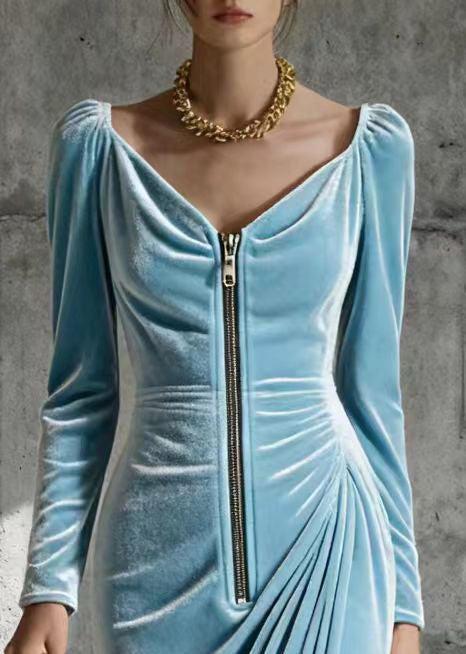 Velvet V-Neck Long Sleeve Zip Front Ruched Draped Maxi Dress 2
