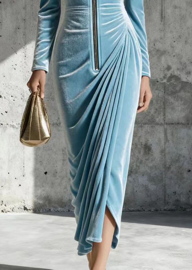 Velvet V-Neck Long Sleeve Zip Front Ruched Draped Maxi Dress 4