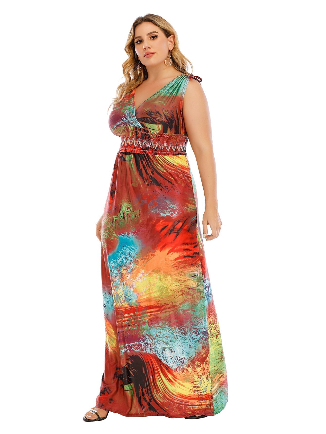 Plus Size Tie Shoulder Smocked Waist Maxi Dress