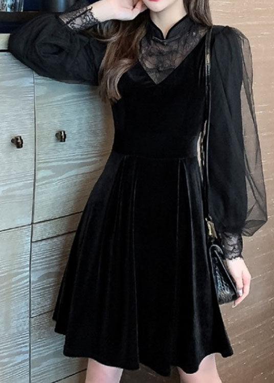 Velvet Lace Mandarin Collar Deep V-Neck Mesh Puff Sleeve A-Line Mini Dress