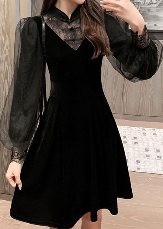 Velvet Lace Mandarin Collar Deep V-Neck Mesh Puff Sleeve A-Line Mini Dress