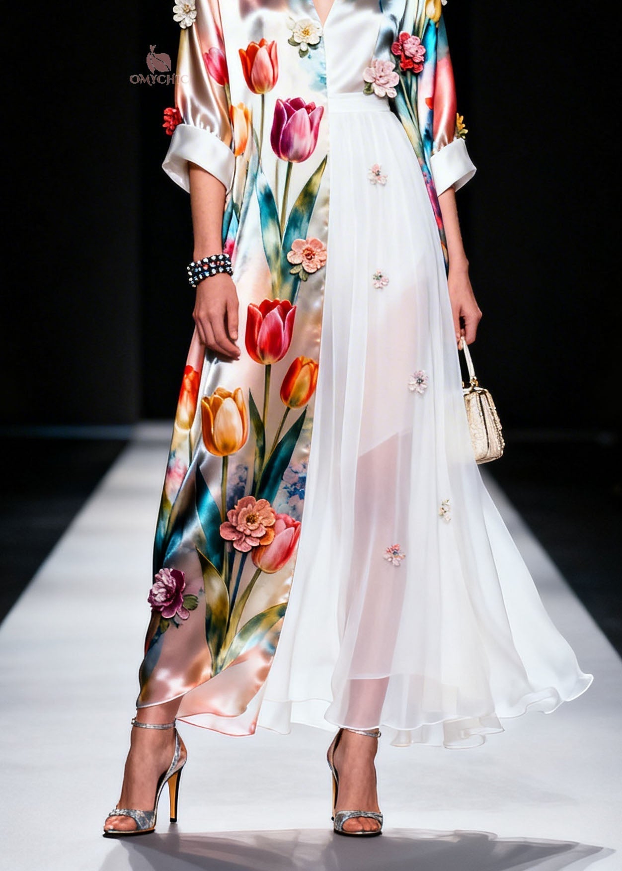 Tulip Floral Satin Chiffon Panel V-Neck Three-Quarter Sleeve Wide Cuff Appliqué Maxi Gown