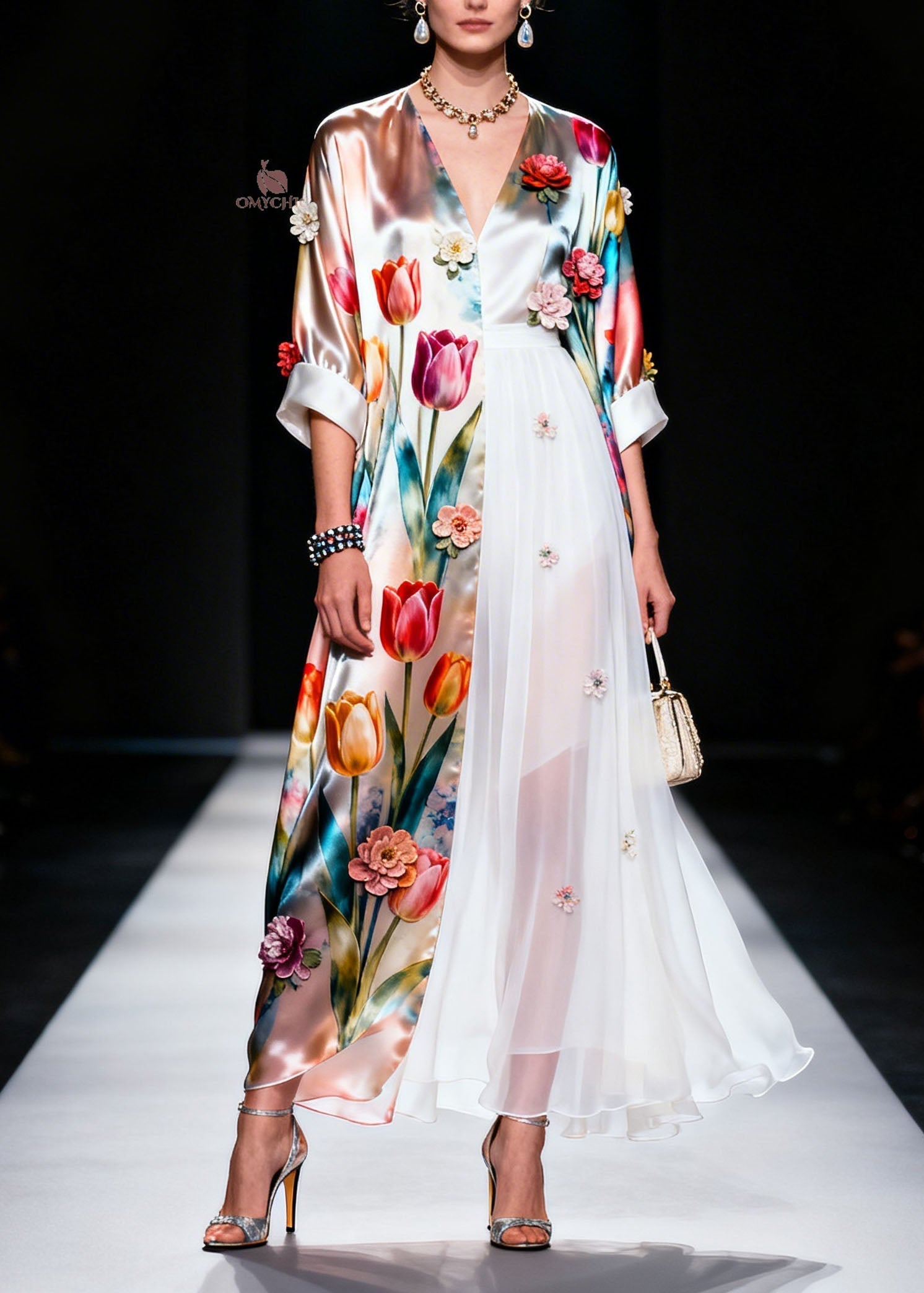 Tulip Floral Satin Chiffon Panel V-Neck Three-Quarter Sleeve Wide Cuff Appliqué Maxi Gown
