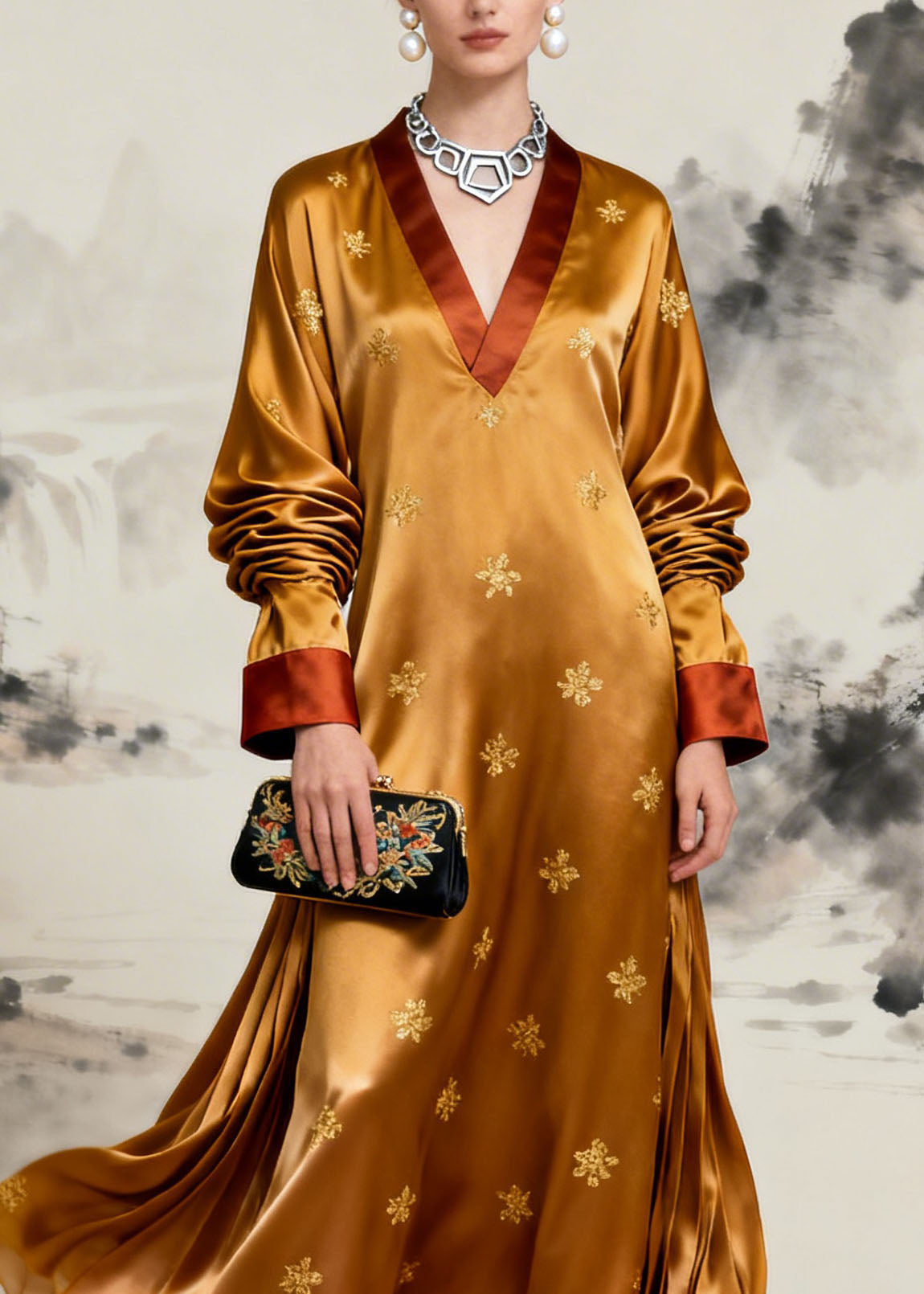 Satin Embroidered Deep V-Neck Contrast Cuff Long Sleeve Maxi Gown