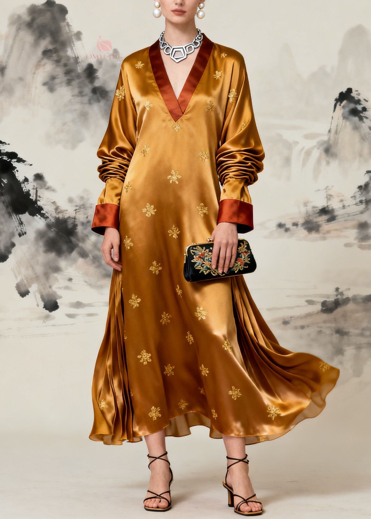Satin Embroidered Deep V-Neck Contrast Cuff Long Sleeve Maxi Gown