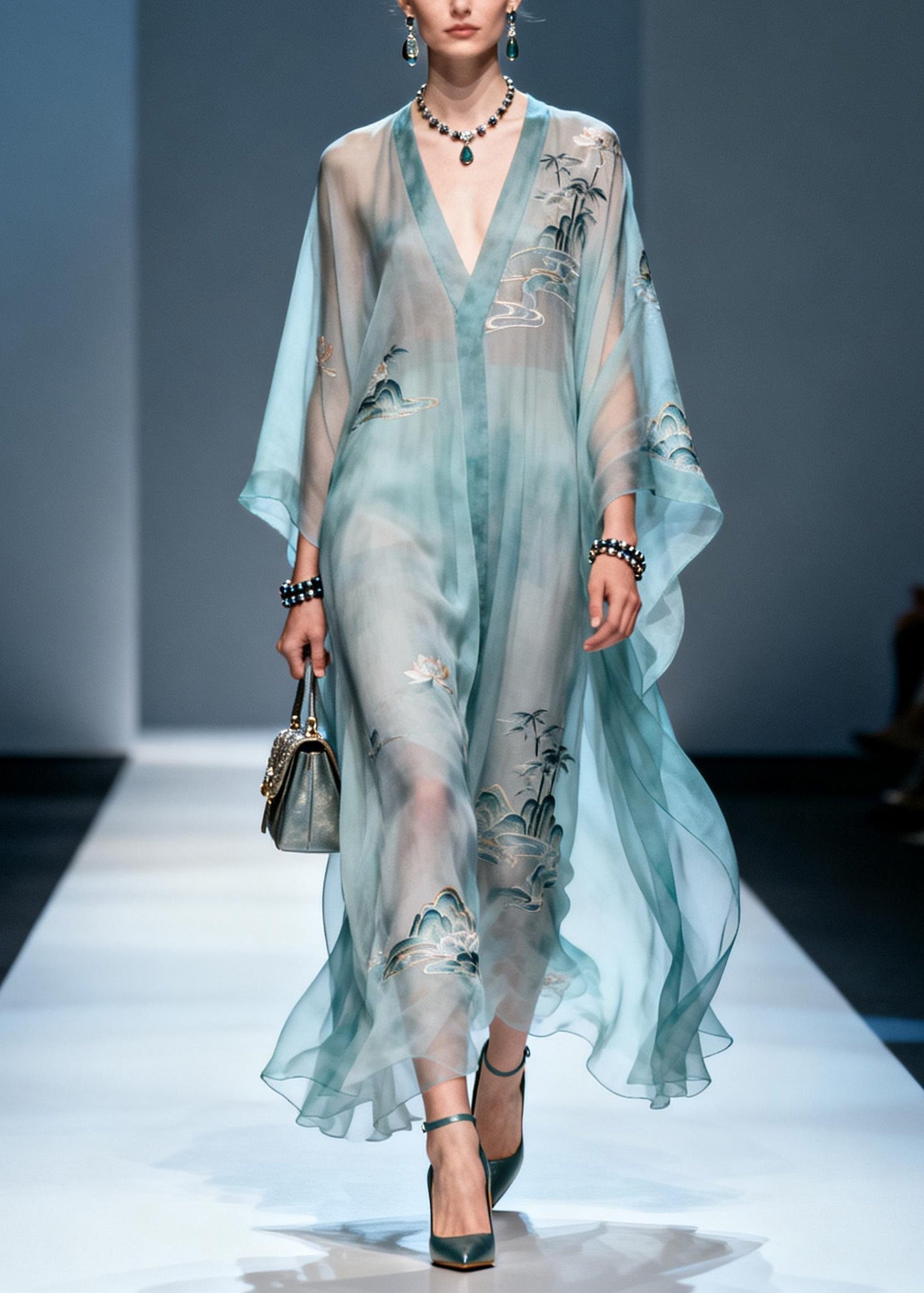Landscape Print Deep V-Neck Kimono Sleeve Sheer Kaftan Maxi Gown