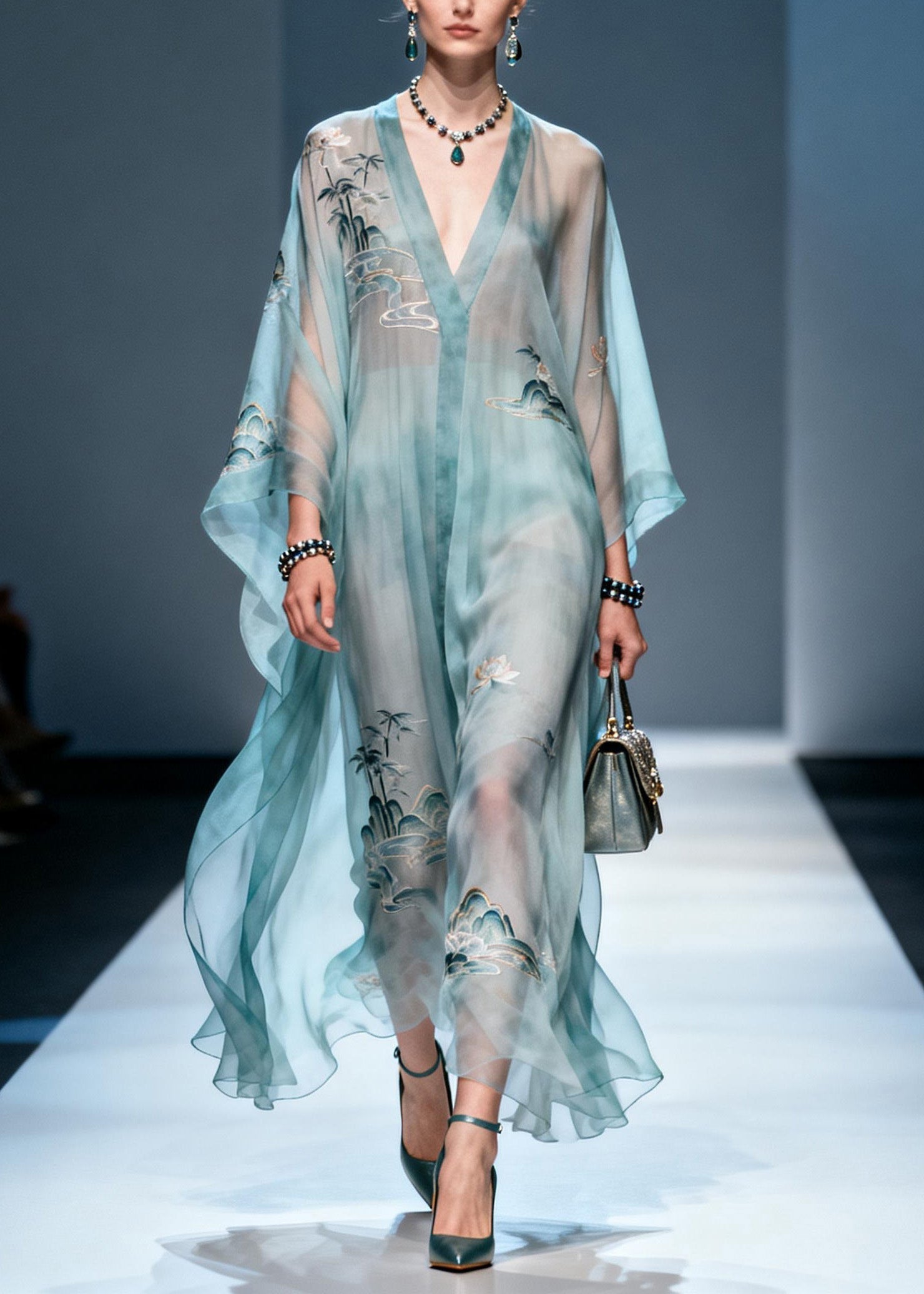 Landscape Print Deep V-Neck Kimono Sleeve Sheer Kaftan Maxi Gown